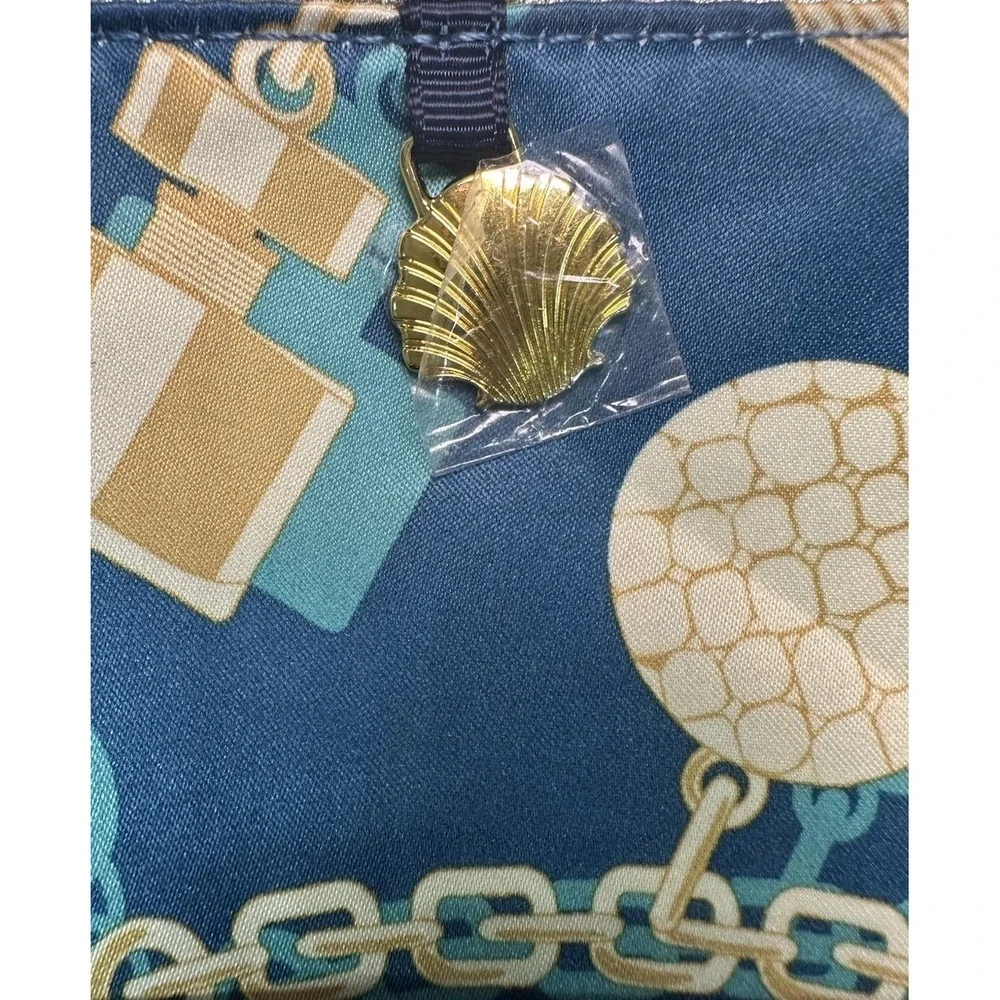 Estee Lauder Cosmetic Bags 3pc Teal Satin Nautical Chain Shell Print Gold Charm